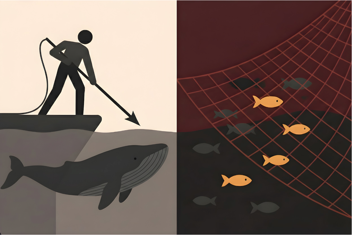 Links zielt ein Walfänger mit der Harpune auf einen einzelnen Wal. Rechts hängen viele kleine Fische in einem weit gespannten Netz.