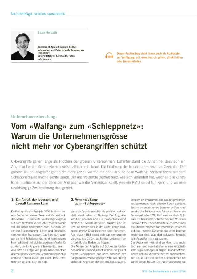 Erste Seite des Fachbeitrags von Sean Horvath in TREX Der Treuhandexperte